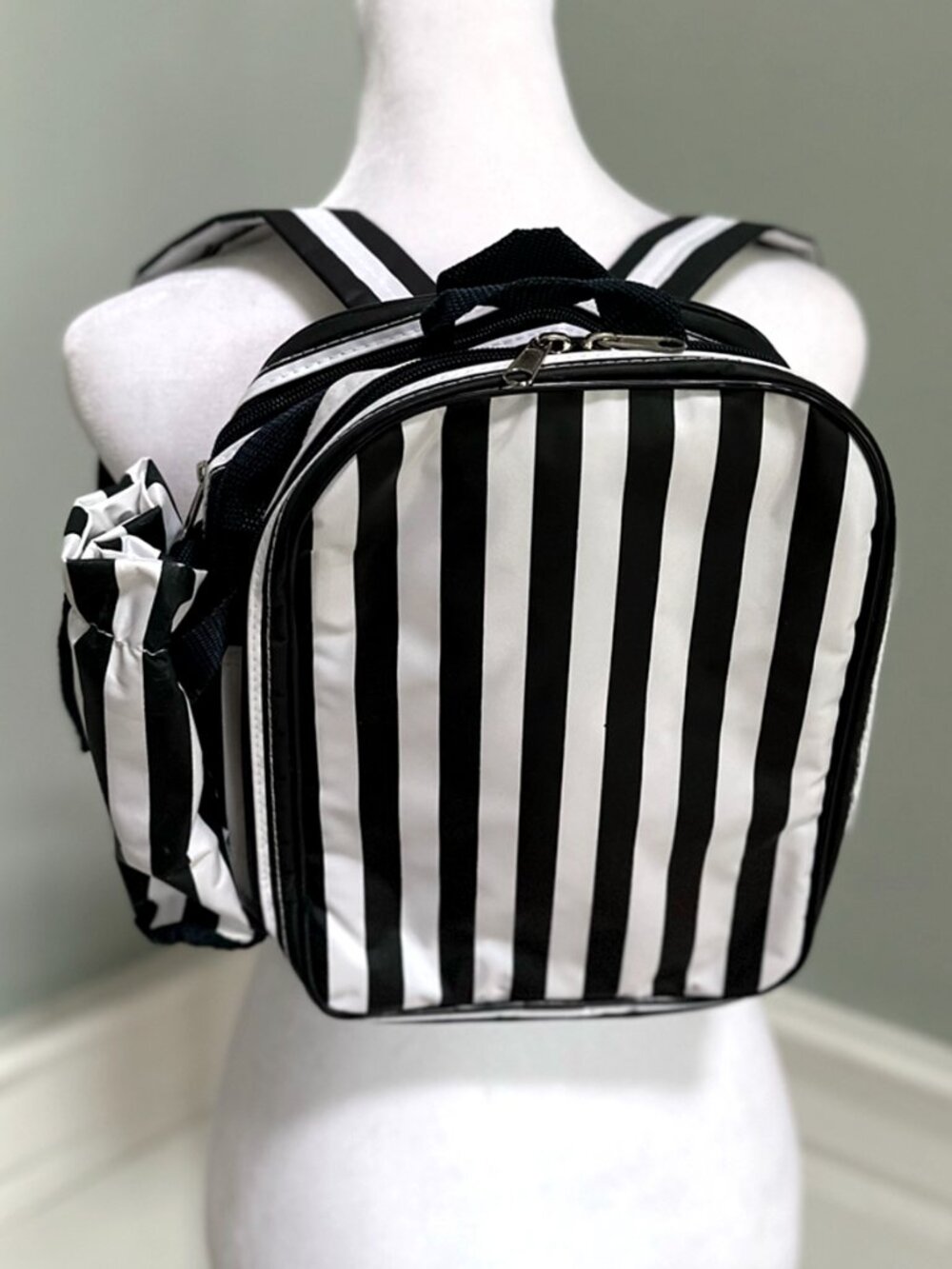 Black White Striped Insulated Mini Backpack Lunch Bag NWT